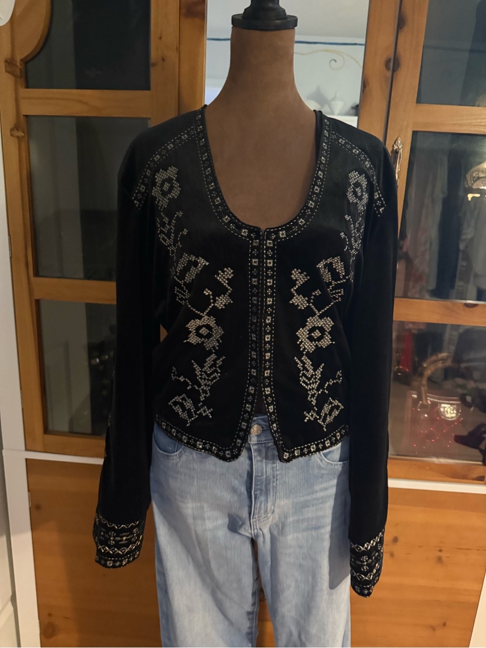 Black Embellished Women's Velvet Cardigan Sweater Size L